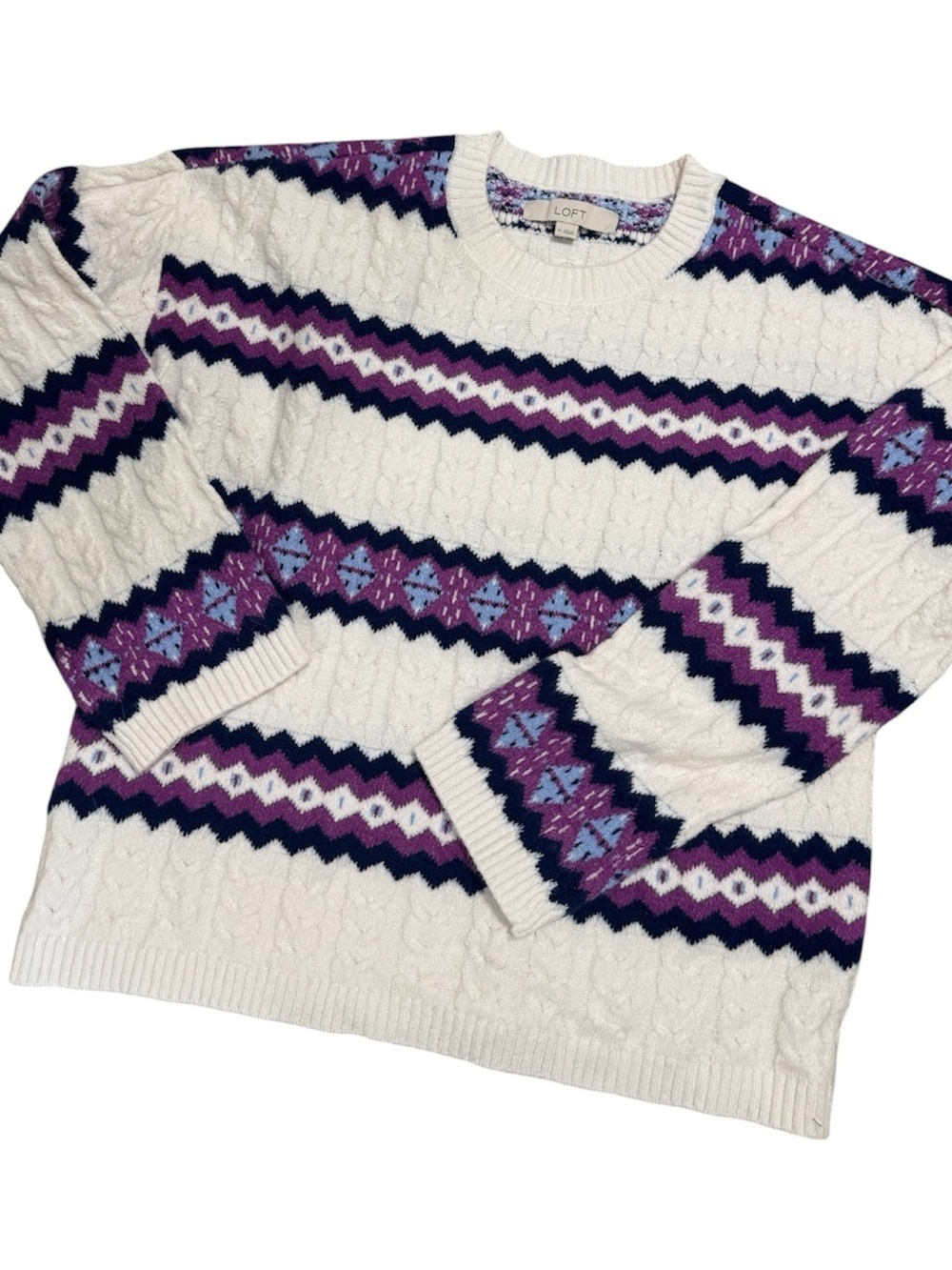 💙NWOT LOFT Women’s Purple White Blue Fair Isle Crewneck Fall Sweater | M
